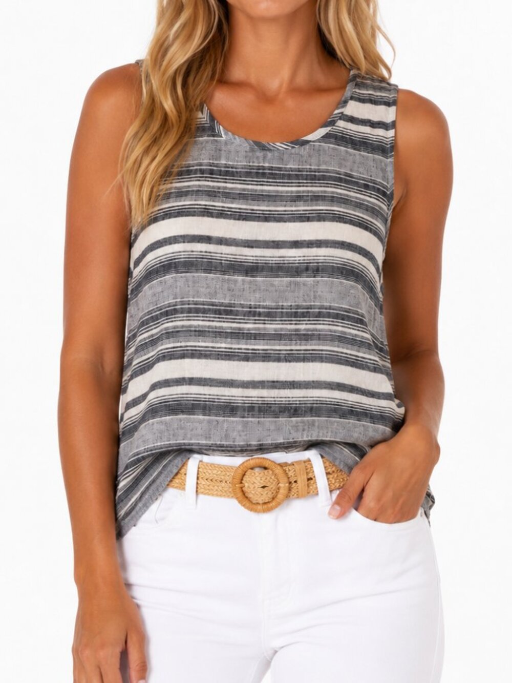 Artisan NY 100% Linen Blue Ivory Striped Tank Top Size Large